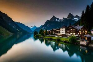 a beautiful mountain lake with houses and mountains in the background. AI-Generated photo