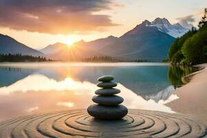 a stack of stones sits on the shore of a lake at sunset. AI-Generated photo