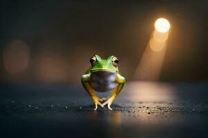 a frog is standing on a wet surface. AI-Generated photo