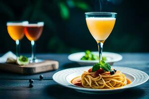 spaghetti and wine on a plate with glasses. AI-Generated photo