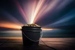 a bucket filled with peanuts on the beach. AI-Generated photo