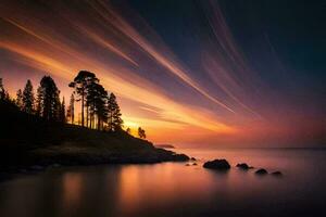 un hermosa puesta de sol terminado el Oceano con arboles generado por ai foto