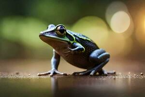 a frog with a green and black body standing on a wet surface. AI-Generated photo