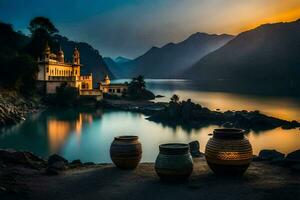 el lago y el templo a puesta de sol. generado por ai foto