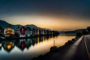 a row of houses on the shore of a lake at sunset. AI-Generated photo
