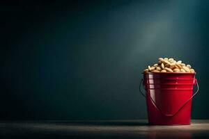 a red bucket filled with peanuts on a table. AI-Generated photo