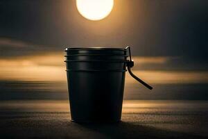 a black bucket sitting on the beach at night. AI-Generated photo