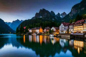 the town of hallstatt at dusk. AI-Generated photo