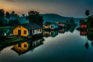houses on the water at sunset in a rural area. AI-Generated photo
