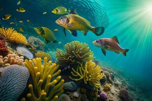 submarino escena con pescado y coral arrecife. generado por ai foto