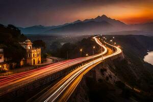 a long exposure photo of a road and mountains at sunset. AI-Generated