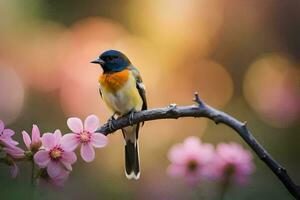 un pájaro sentado en un rama con rosado flores generado por ai foto