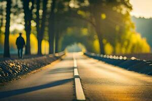 un hombre caminando abajo un la carretera en el medio de el día. generado por ai foto