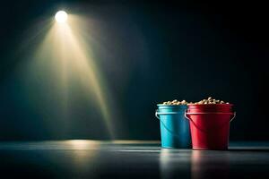 two buckets of peanuts on a dark table. AI-Generated photo