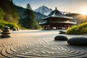 a zen garden with rocks and a pagoda in the background. AI-Generated photo