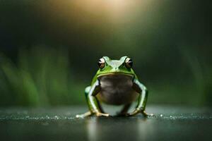 a frog is standing on a dark surface. AI-Generated photo