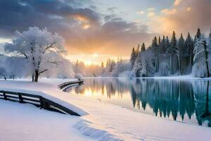 a snowy lake surrounded by trees and a sunset. AI-Generated photo