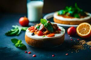 two desserts with cheese and vegetables on a table. AI-Generated photo