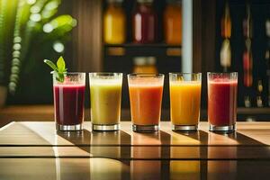 five different types of juices are lined up on a table. AI-Generated photo