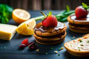 three sandwiches with strawberries and cheese on a table. AI-Generated photo