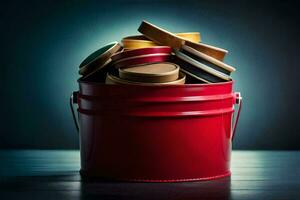 a red bucket filled with different colored lids. AI-Generated photo