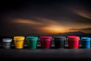 colorful buckets on a dark background. AI-Generated photo