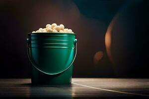 a bucket filled with popcorn on a table. AI-Generated photo