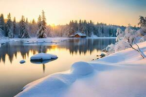 photo wallpaper the sky, snow, trees, lake, cabin, sunset, the sun, winter. AI-Generated