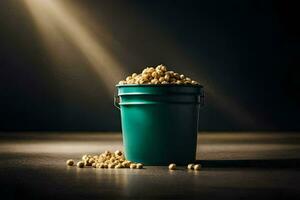 a bucket filled with soybeans on a dark table. AI-Generated photo