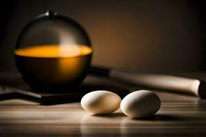 two eggs sit on a table next to a knife and a cup. AI-Generated photo