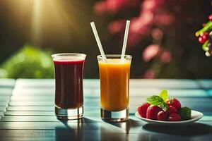 two glasses of juice with straws on a table. AI-Generated photo