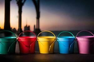 five colorful buckets are lined up in front of a bridge. AI-Generated photo