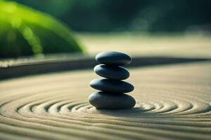 a stack of stones on top of a wooden table. AI-Generated photo