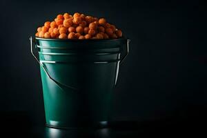 a bucket filled with orange popcorn on a black background. AI-Generated photo