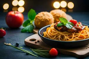 spaghetti with meat sauce and vegetables on a wooden table. AI-Generated photo