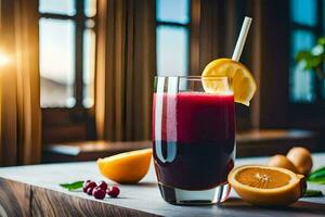 a glass of juice with a lemon slice and berries. AI-Generated photo