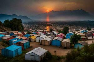 the sun sets over a village of colorful huts. AI-Generated photo