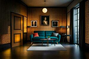 a living room with a blue couch and a wooden wall. AI-Generated photo