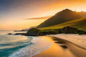 the beach at sunset with grass and water. AI-Generated photo