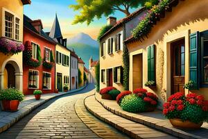 an illustration of a street in a european town. AI-Generated photo