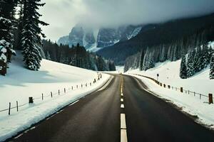 a snowy road in the mountains with trees and snow. AI-Generated photo