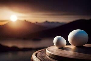 two eggs on a table with a sunset in the background. AI-Generated photo