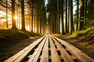 un de madera camino en el medio de un bosque. generado por ai foto