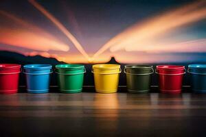 colorful buckets lined up against a wall with a sunset in the background. AI-Generated photo