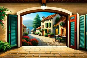 an illustration of a house with open doors and flowers. AI-Generated photo