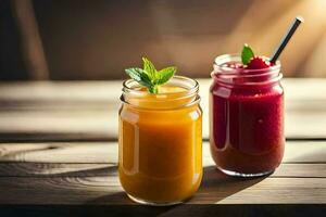 two mason jars with smoothies on a wooden table. AI-Generated photo