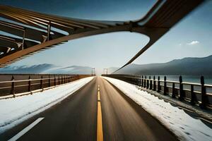 un largo puente con nieve en el la carretera. generado por ai foto