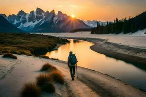 the sun sets over the mountains in banff national park. AI-Generated photo