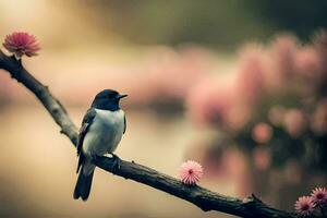 a bird sits on a branch near a pond. AI-Generated photo