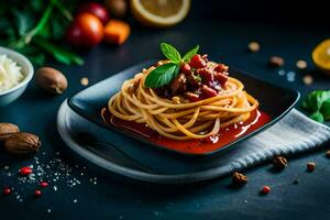 spaghetti with tomato sauce and basil leaves on a black plate. AI-Generated photo